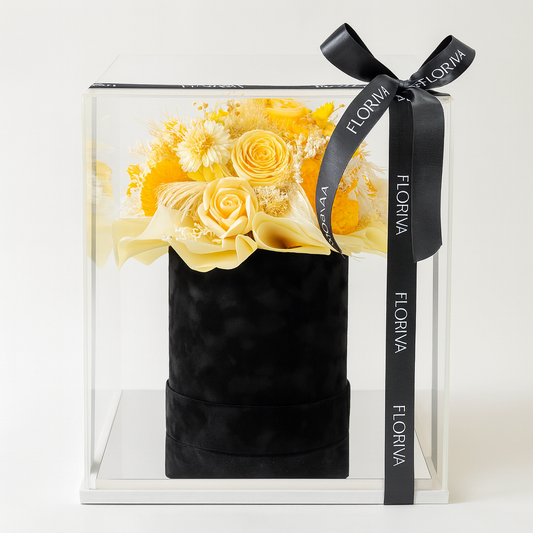Luxurious Candle Yellow Flower Box Arrangement